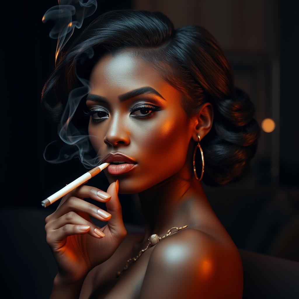 A striking scene featuring an ebony woman smoking a cigarette in a sophisticated setting