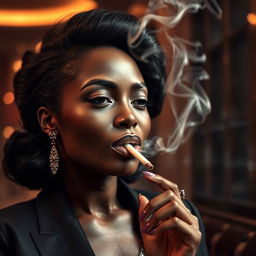 A striking scene featuring an ebony woman smoking a cigarette in a sophisticated setting