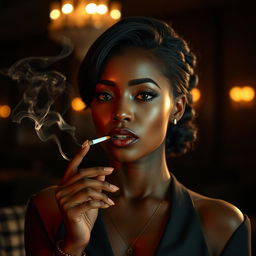 A striking scene featuring an ebony woman smoking a cigarette in a sophisticated setting