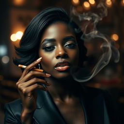 A striking scene featuring an ebony woman smoking a cigarette in a sophisticated setting