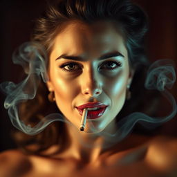 A provocative image depicting a woman with a euphoric expression while smoking a cigarette