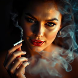 A provocative image depicting a woman with a euphoric expression while smoking a cigarette