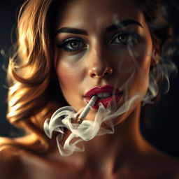 A provocative image depicting a woman with a euphoric expression while smoking a cigarette