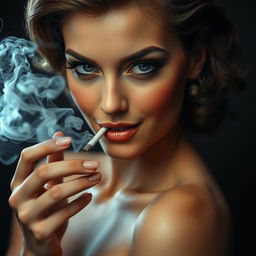 A provocative image depicting a woman with a euphoric expression while smoking a cigarette