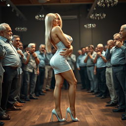 A sexy Finnish blonde woman with white skin and blue eyes, dressed in a white transparent mini dress and high heels, poses seductively while seeking admiration