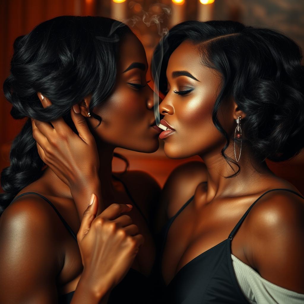 An intimate scene featuring two beautiful ebony women sharing a smoky kiss