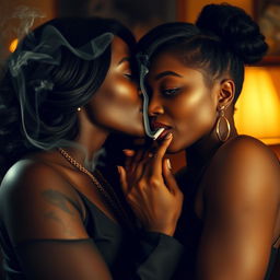 An intimate scene featuring two beautiful ebony women sharing a smoky kiss