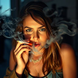 A captivating scene of a young woman with a mouth full of smoke as she smokes a Marlboro cigarette