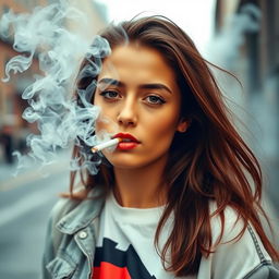 A captivating scene of a young woman with a mouth full of smoke as she smokes a Marlboro cigarette