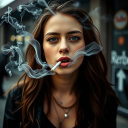 A captivating scene of a young woman with a mouth full of smoke as she smokes a Marlboro cigarette