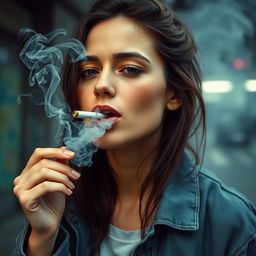 A captivating scene of a young woman with a mouth full of smoke as she smokes a Marlboro cigarette