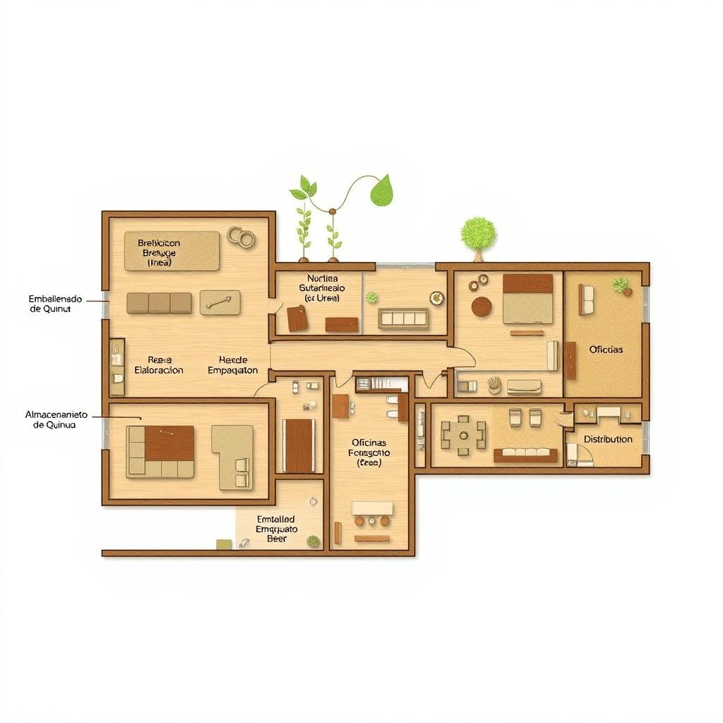 A detailed floor plan for a specific space within a company producing and distributing quinoa-based craft beer, with area labels in Spanish