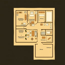 A detailed floor plan for a specific space within a company producing and distributing quinoa-based craft beer, with area labels in Spanish