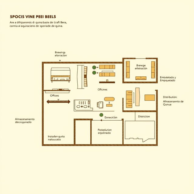 A detailed floor plan for a specific space within a company producing and distributing quinoa-based craft beer, with area labels in Spanish