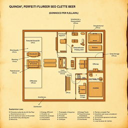 A detailed floor plan for a specific space within a company producing and distributing quinoa-based craft beer, with area labels in Spanish