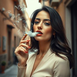 A striking image of an Italian woman exhaling smoke elegantly through her nose while smoking a Marlboro cigarette