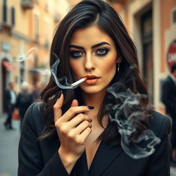 A striking image of an Italian woman exhaling smoke elegantly through her nose while smoking a Marlboro cigarette