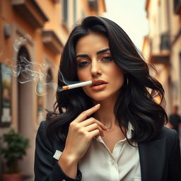 A striking image of an Italian woman exhaling smoke elegantly through her nose while smoking a Marlboro cigarette