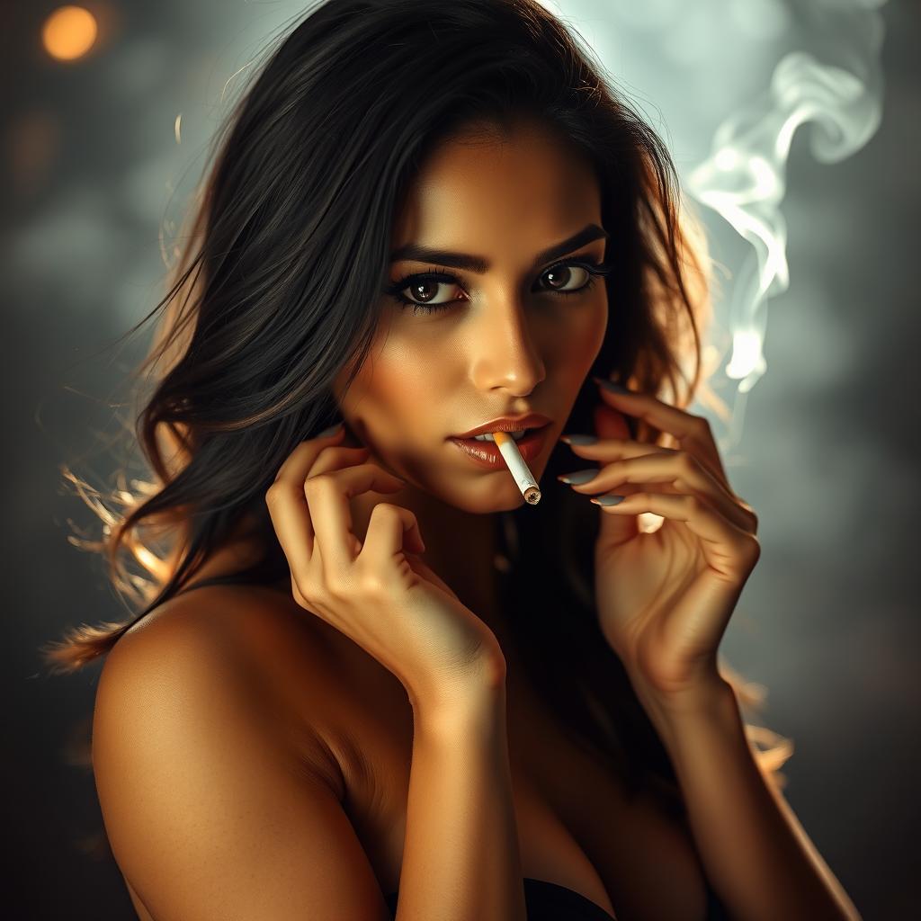A captivating portrait of a sexy Ecuadorian woman confidently smoking a cigarette
