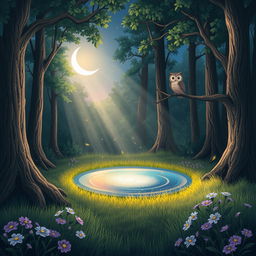 A whimsical scene depicting a serene forest glade during the magic of twilight