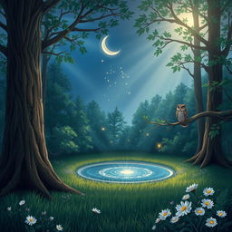 A whimsical scene depicting a serene forest glade during the magic of twilight