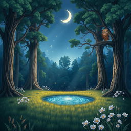 A whimsical scene depicting a serene forest glade during the magic of twilight