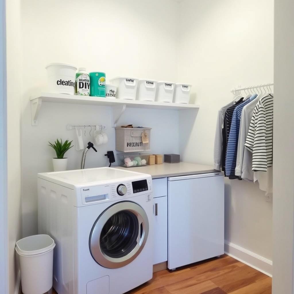 A clean, organized laundry area in a small room with wooden flooring