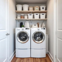 A clean, organized laundry area in a small room with wooden flooring