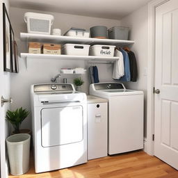 A clean, organized laundry area in a small room with wooden flooring