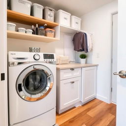 A clean, organized laundry area in a small room with wooden flooring