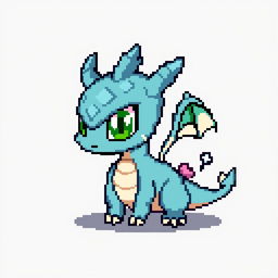 Pixel sprite of Dracomon, a small dragon-like creature from Digimon, featuring blue scales, green eyes, small wings, and a mischievous expression