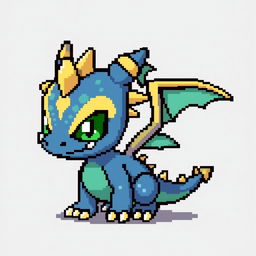 Pixel sprite of Dracomon, a small dragon-like creature from Digimon, featuring blue scales, green eyes, small wings, and a mischievous expression