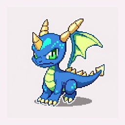 Pixel sprite of Dracomon, a small dragon-like creature from Digimon, featuring blue scales, green eyes, small wings, and a mischievous expression