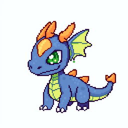 Pixel sprite of Dracomon, a small dragon-like creature from Digimon, featuring blue scales, green eyes, small wings, and a mischievous expression