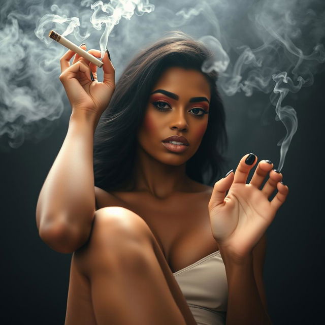 A striking and unconventional image of a sexy mulatto woman holding a cigarette between her toes while smoking