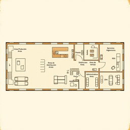 A detailed floor plan for a specific space within a company producing and distributing quinoa-based craft beer, featuring clearly defined areas with labels in Spanish