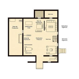 A detailed floor plan for a specific space within a company producing and distributing quinoa-based craft beer, featuring clearly defined areas with labels in Spanish