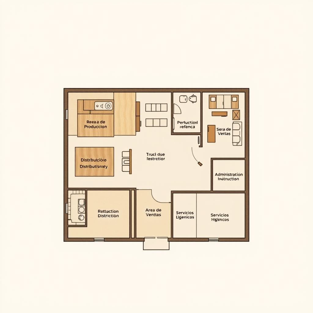 A detailed floor plan for a specific space within a company producing and distributing quinoa-based craft beer, featuring clearly defined areas with labels in Spanish