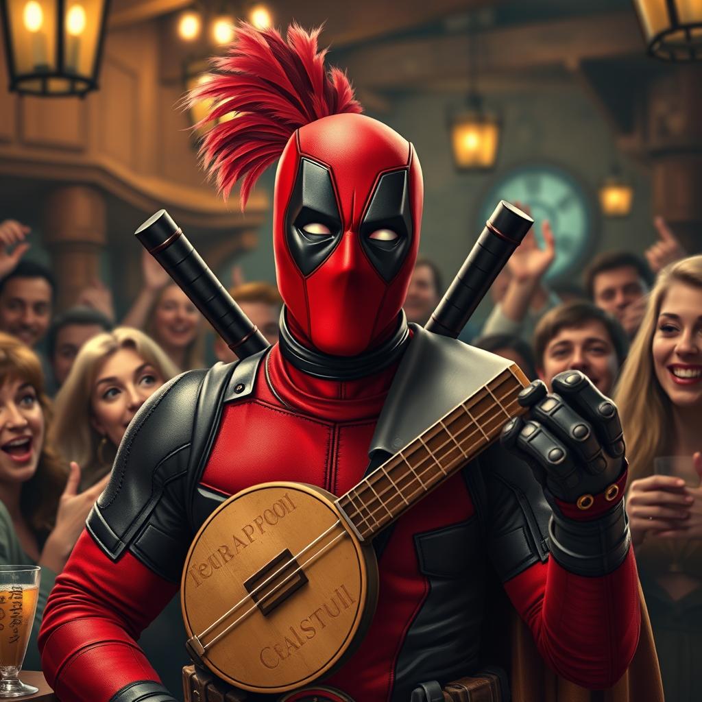 A playful and comedic scene featuring Deadpool dressed as an ancient bard