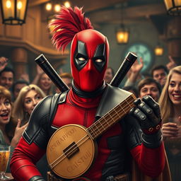 A playful and comedic scene featuring Deadpool dressed as an ancient bard