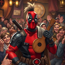 A playful and comedic scene featuring Deadpool dressed as an ancient bard