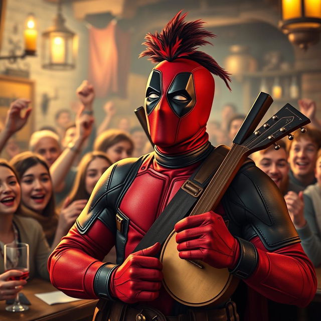 A playful and comedic scene featuring Deadpool dressed as an ancient bard