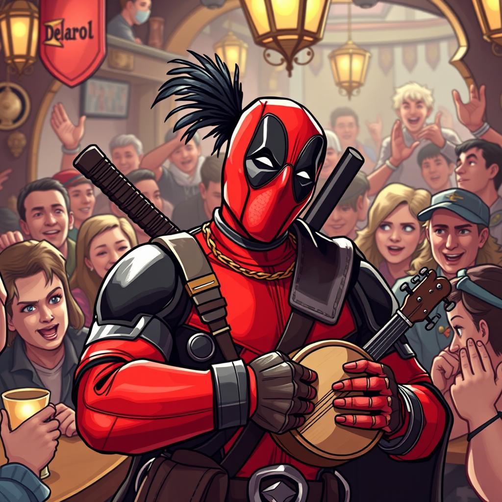 A playful and comedic scene featuring Deadpool dressed as an ancient bard