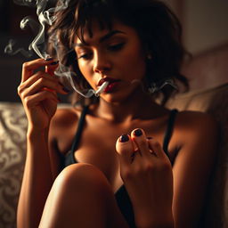 A sensual image showcasing a sexy mulatto woman smoking a cigarette, gracefully highlighting her beautiful feet