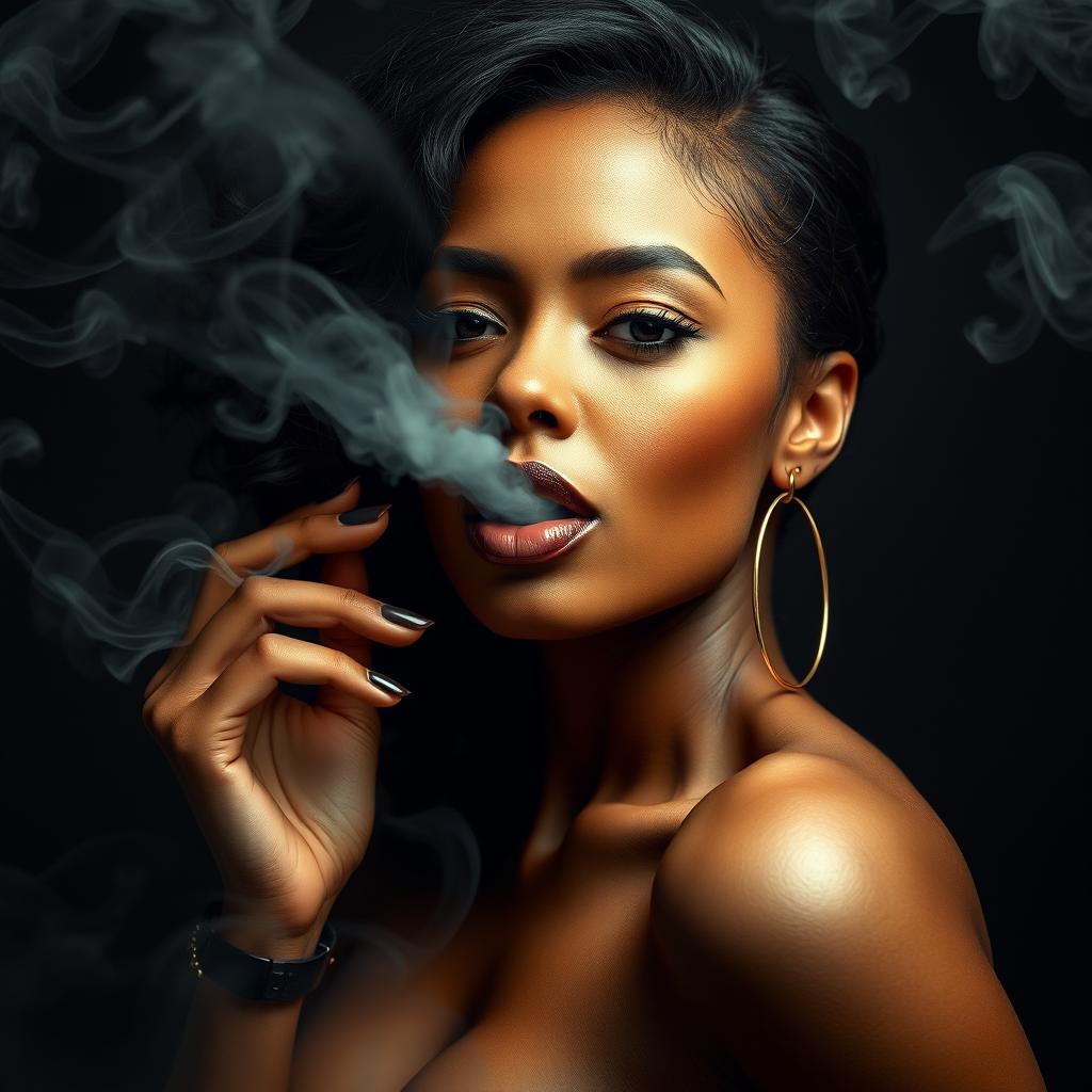 A captivating image of a sexy mulatto woman with a mouth full of smoke, exuding an air of mystery and allure