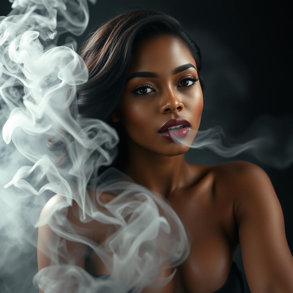 A captivating image of a sexy mulatto woman with a mouth full of smoke, exuding an air of mystery and allure