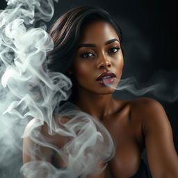 A captivating image of a sexy mulatto woman with a mouth full of smoke, exuding an air of mystery and allure