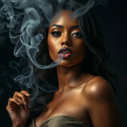 A captivating image of a sexy mulatto woman with a mouth full of smoke, exuding an air of mystery and allure