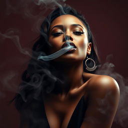 A captivating image of a sexy mulatto woman with a mouth full of smoke, exuding an air of mystery and allure