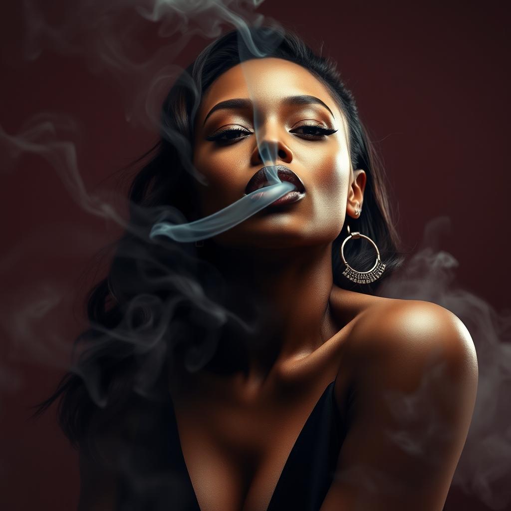 A captivating image of a sexy mulatto woman with a mouth full of smoke, exuding an air of mystery and allure